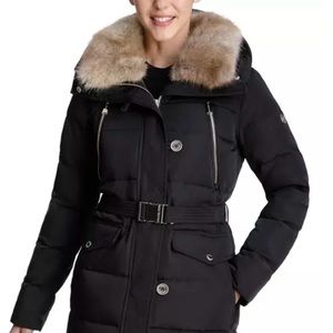 Michael Kors Black Down Belted Jacket Faux Fur Hood